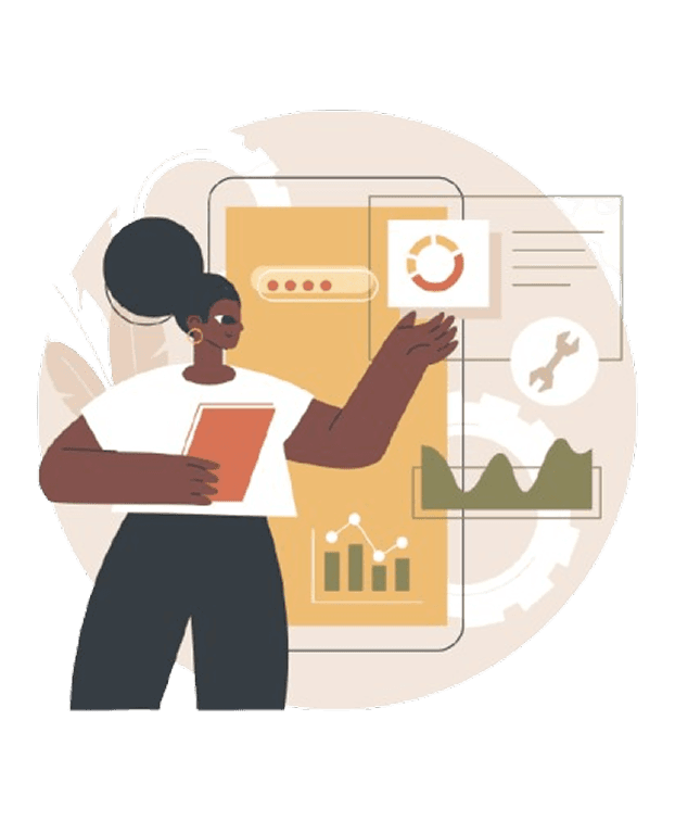 Woman presenting data with floating UI elementss